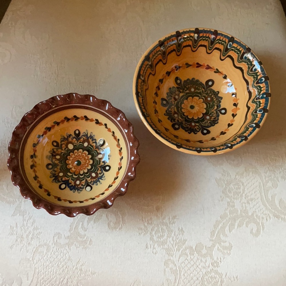 Terracotta red ware ceramic vintage pair of bowls with intricate designs EUC